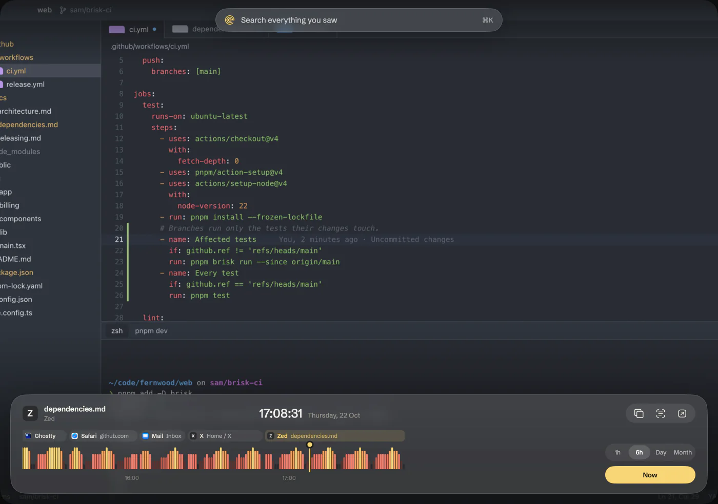 Erst’s timeline at 17:08 on Thursday over a code editor, with the day’s heat strip in a glass dock