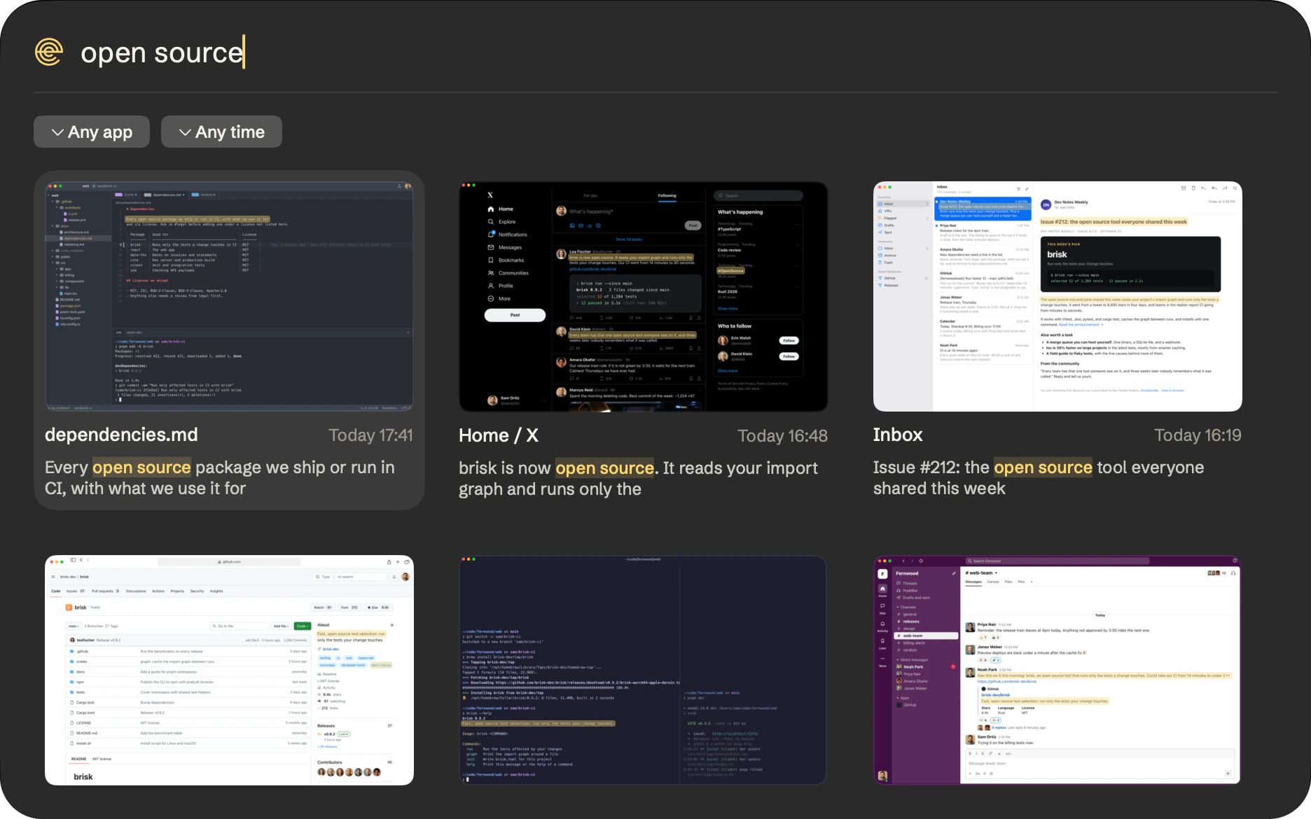 Search for open source, with matching moments from a code editor, X, Mail, GitHub, a terminal, and Slack